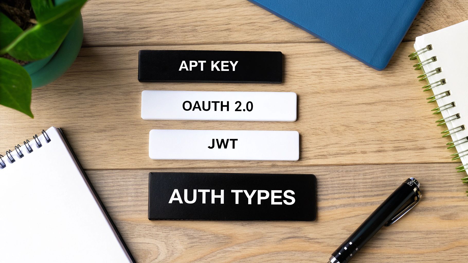 Labels on a wooden desk listing different API authentication types: APT KEY, OAuth 2.0, JWT, and AUTH TYPES.