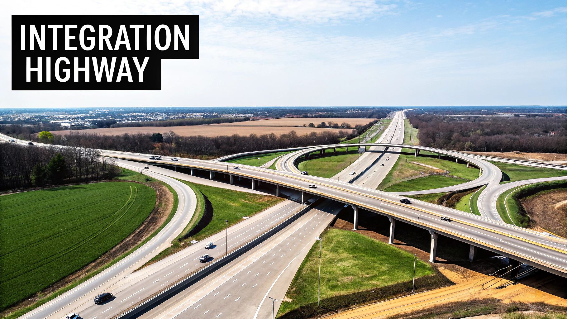 Aerial view of "Integration Highway" interchange with multiple roads, bridges, and green landscape.