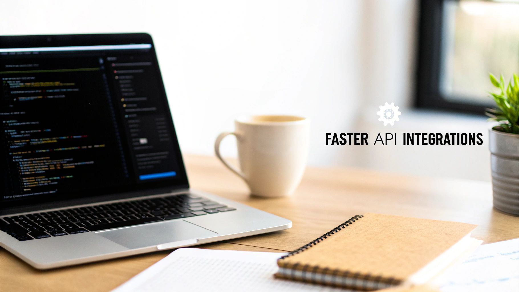 A laptop displaying code on a wooden desk with a coffee mug, notebook, and 'FASTER API INTEGRATIONS' text.
