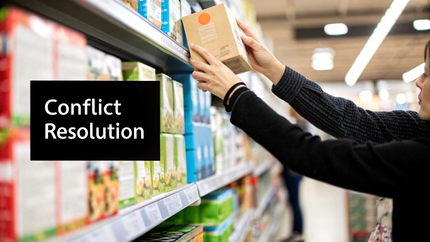Person reaching for a product box on a supermarket shelf, with 'Conflict Resolution' text.