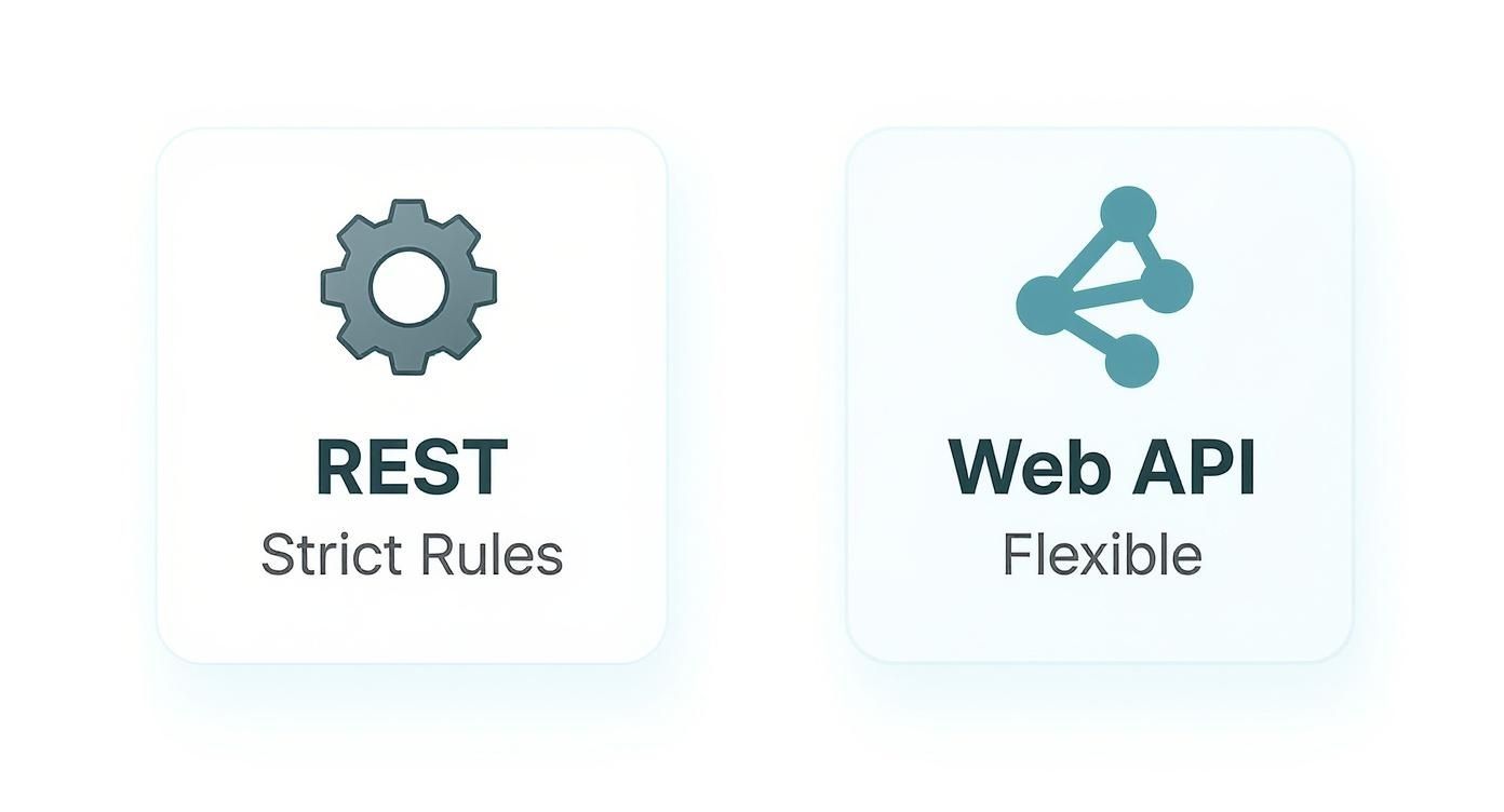 Diagram comparing REST and Web API, highlighting REST's strict rules and Web API's flexibility with icons.