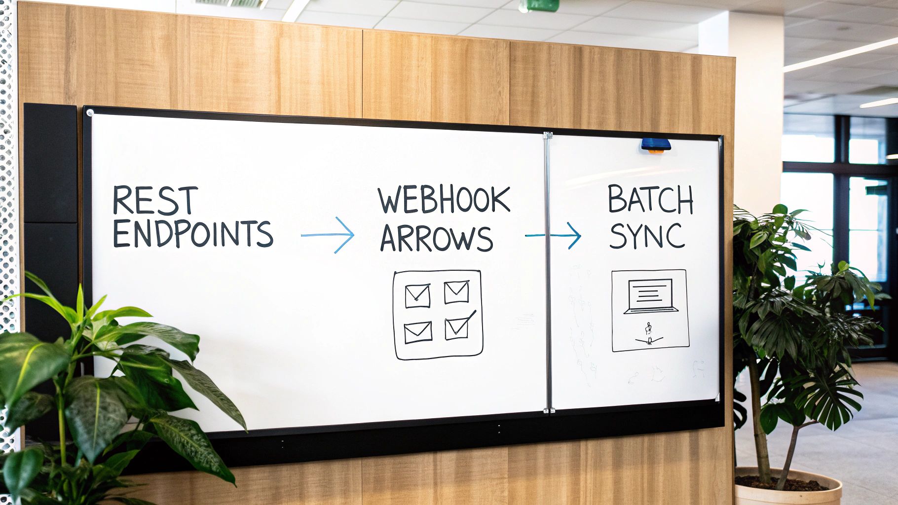A whiteboard diagram illustrating a data flow from REST Endpoints to Webhook Arrows and Batch Sync.