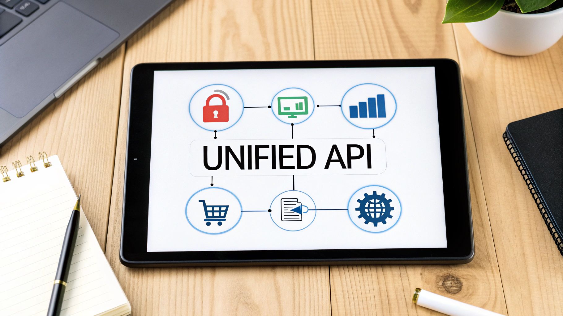 Tablet displaying a 'UNIFIED API' diagram with icons for security, data, e-commerce, and global integration.