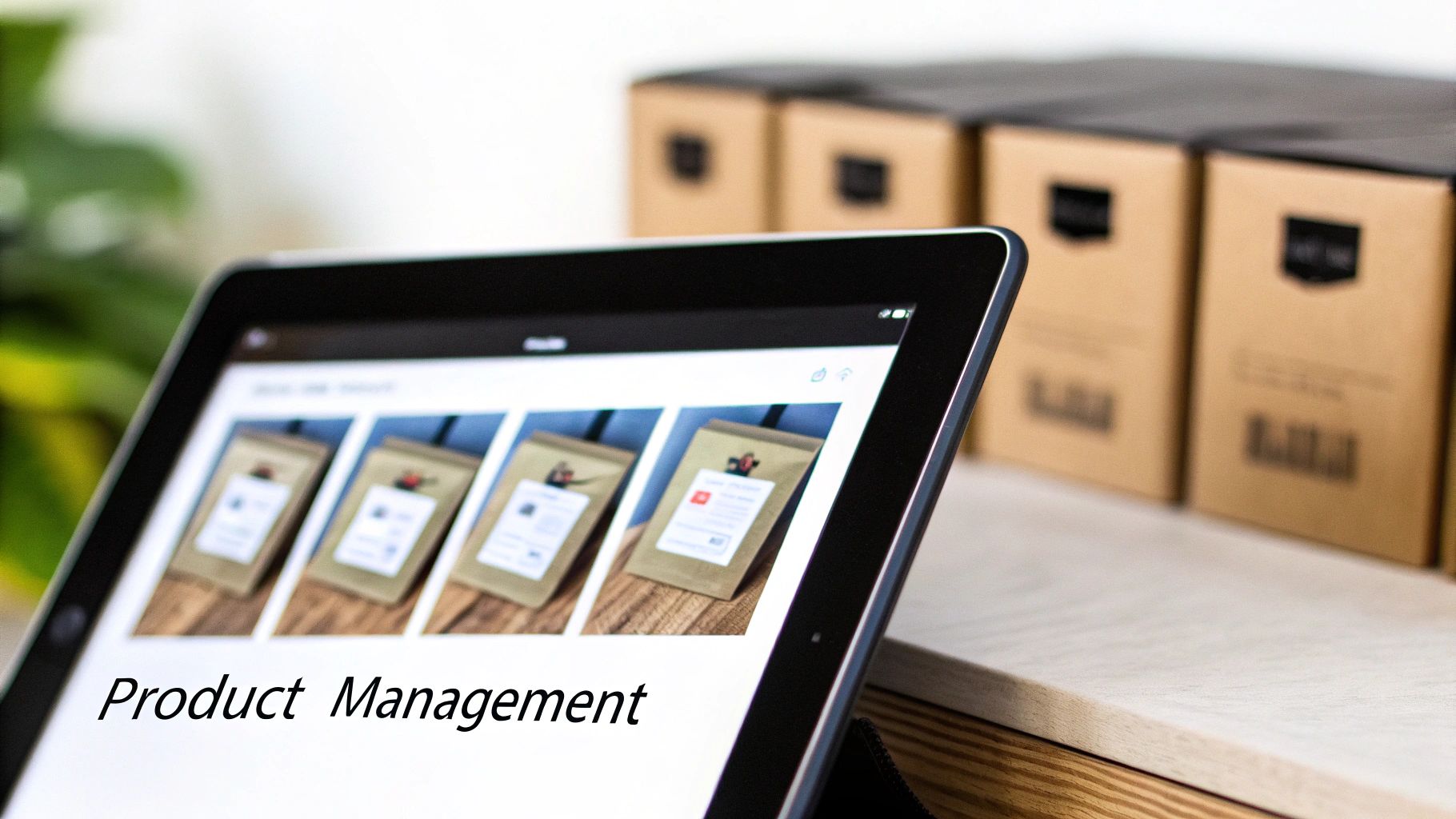 A tablet displaying 'Product Management' with product images, and several cardboard boxes in the background.