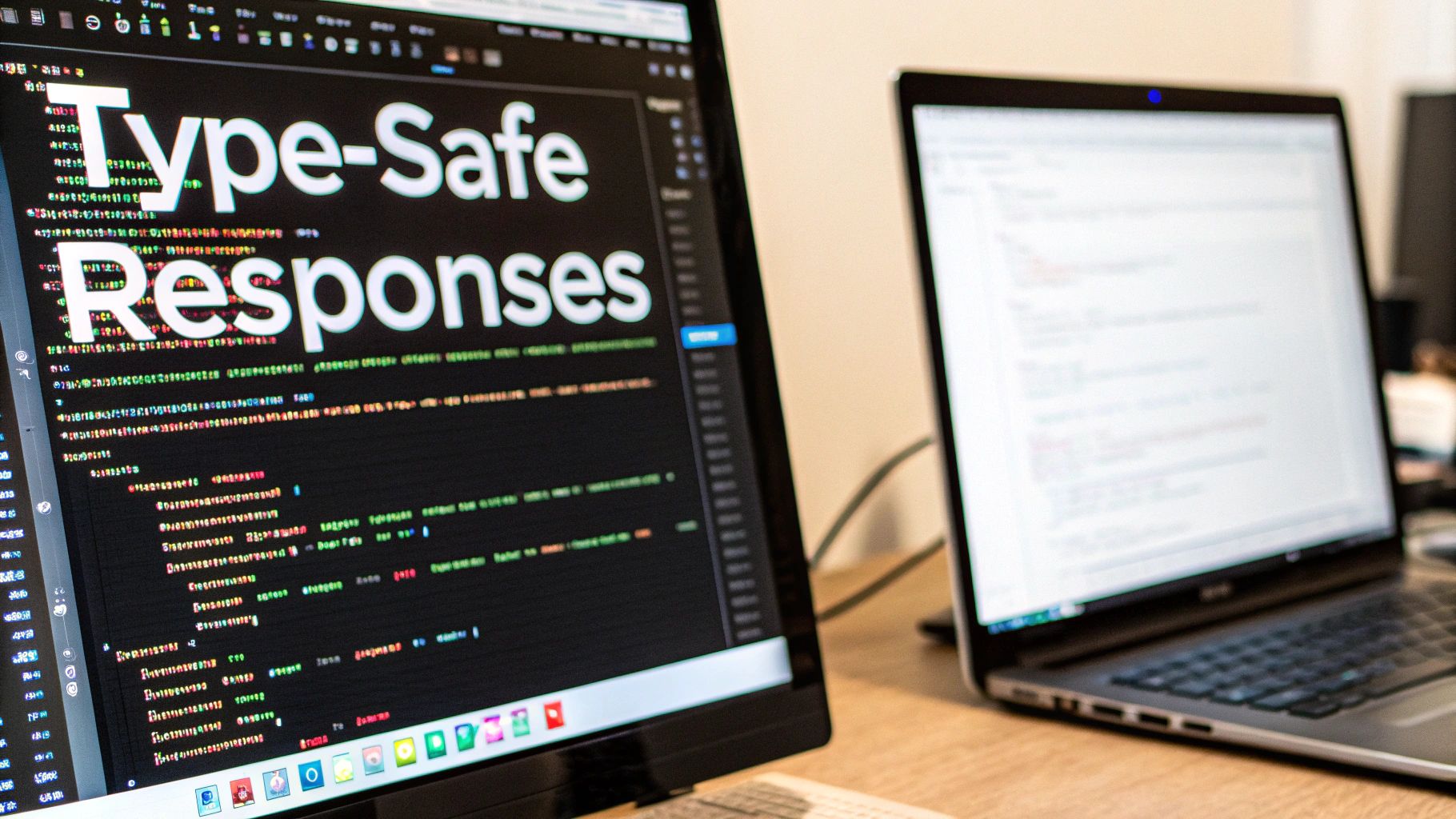 Close-up of a computer monitor displaying code and 'Type-Safe Responses' text, with a laptop nearby.