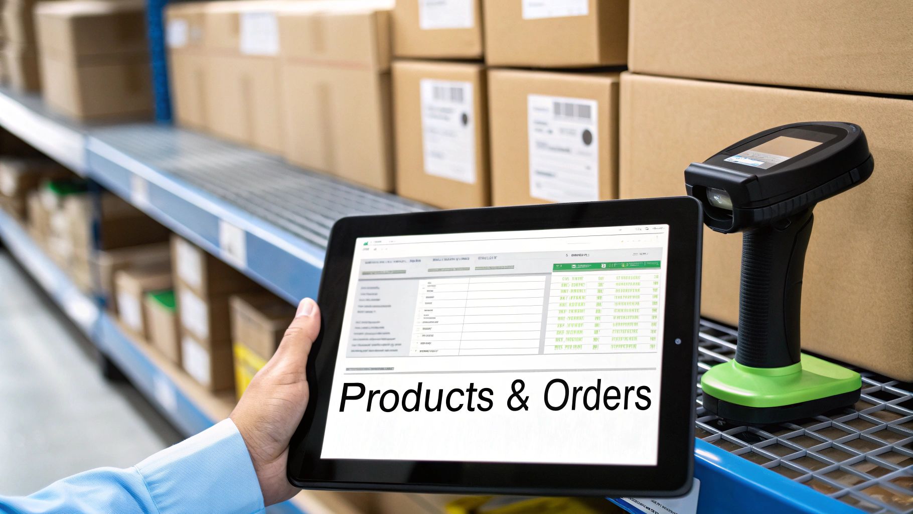 A person holds a tablet displaying 'Products & Orders' in a warehouse with boxes and a barcode scanner.