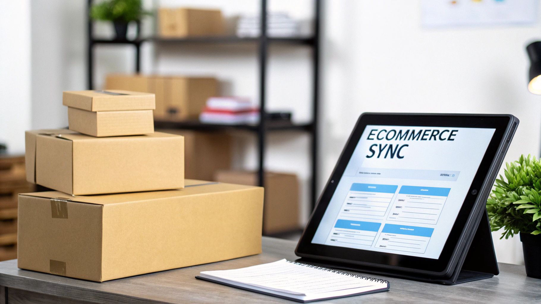 Stacked cardboard shipping boxes on a desk next to a tablet showing 'ECOMMERCE SYNC' and a notebook.