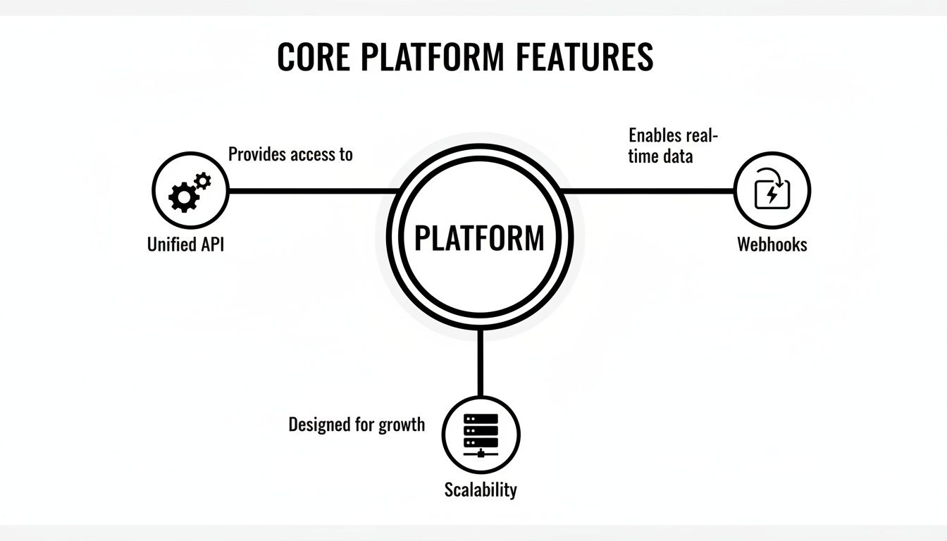 Diagram illustrating core platform features including Unified API, Webhooks, and Scalability.