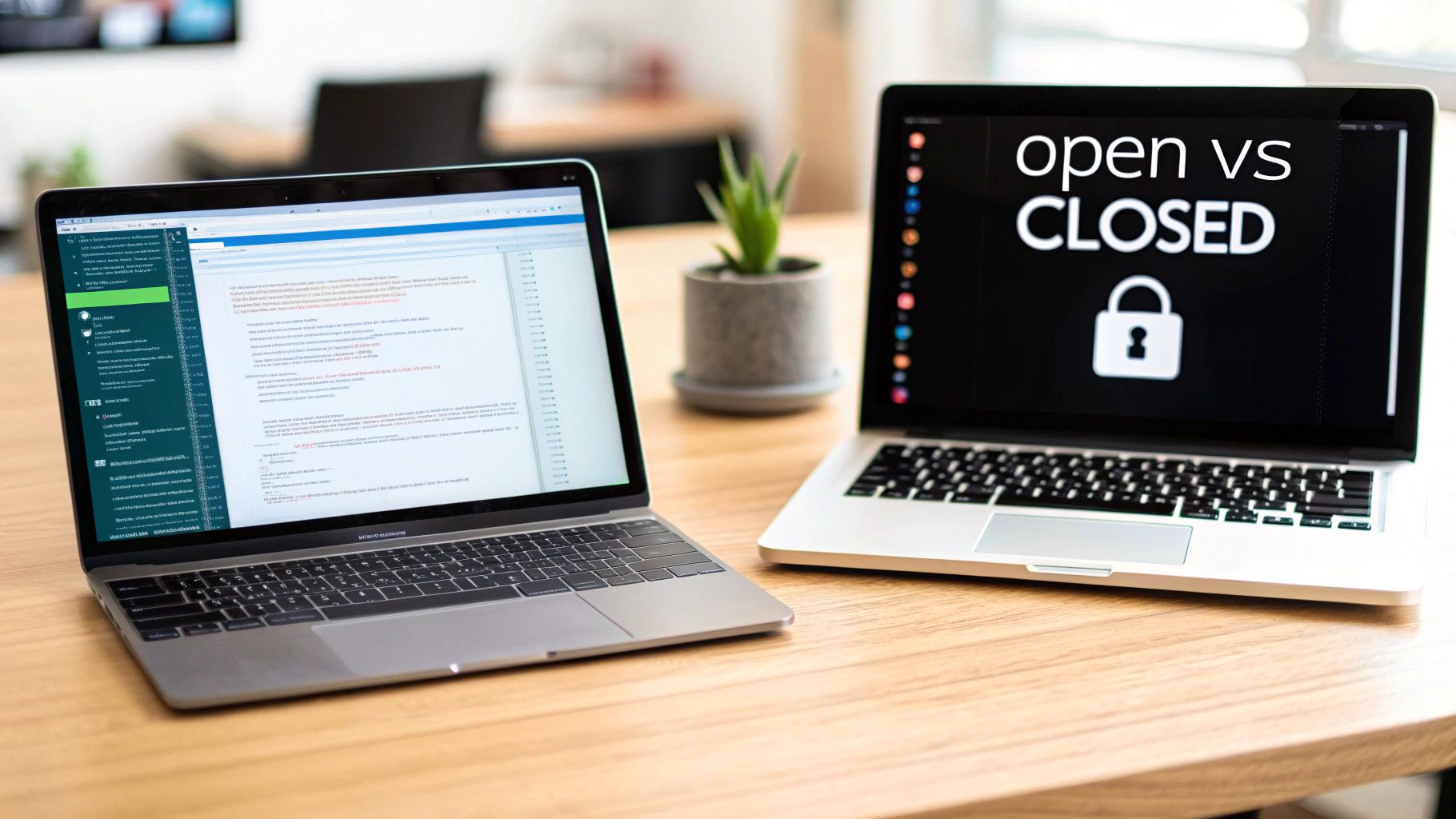 Two laptops on a wooden desk, one displaying code, the other showing 'open vs CLOSED' with a padlock.
