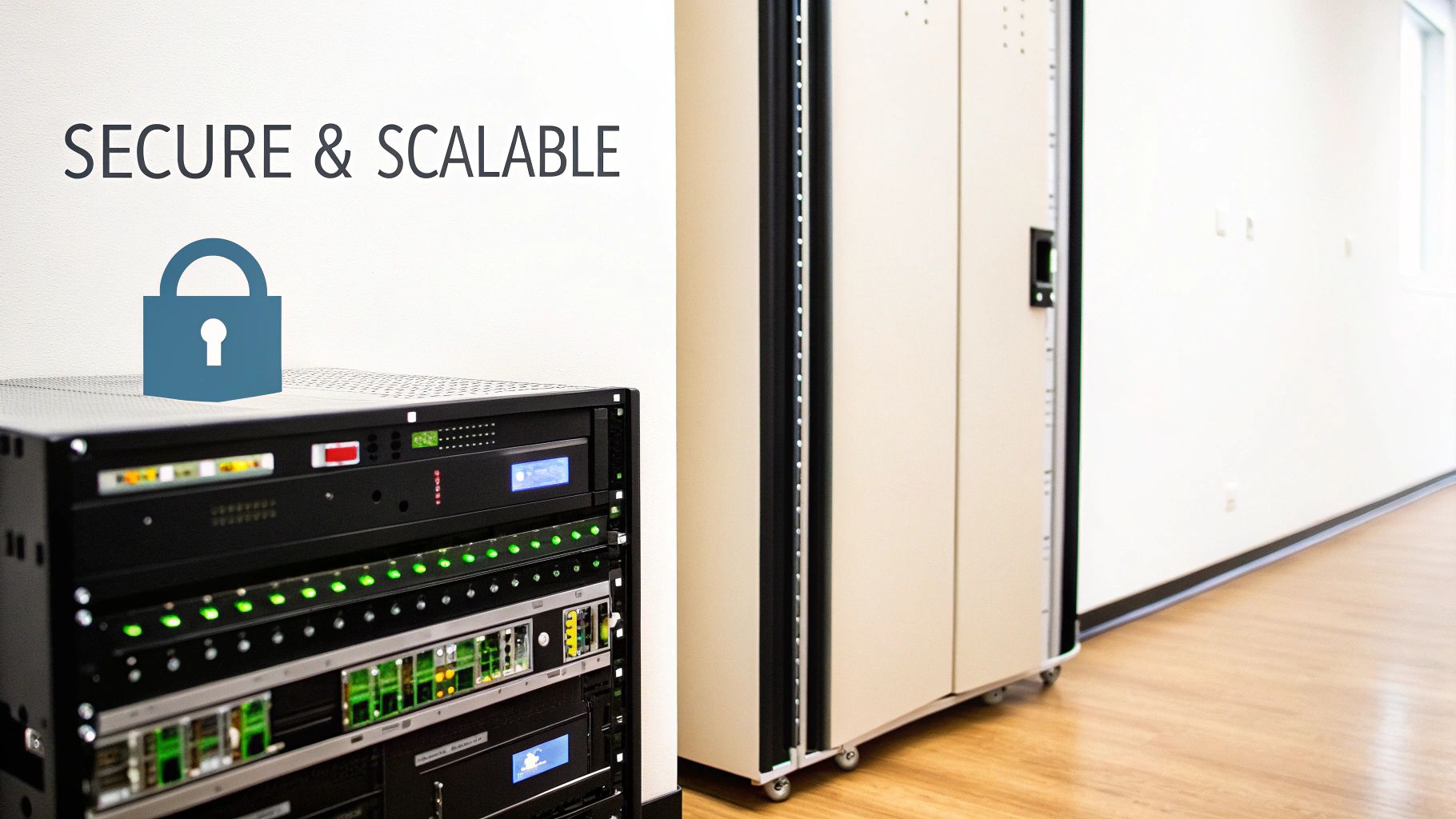 Server racks in a data center with a padlock icon, symbolizing secure and scalable infrastructure.