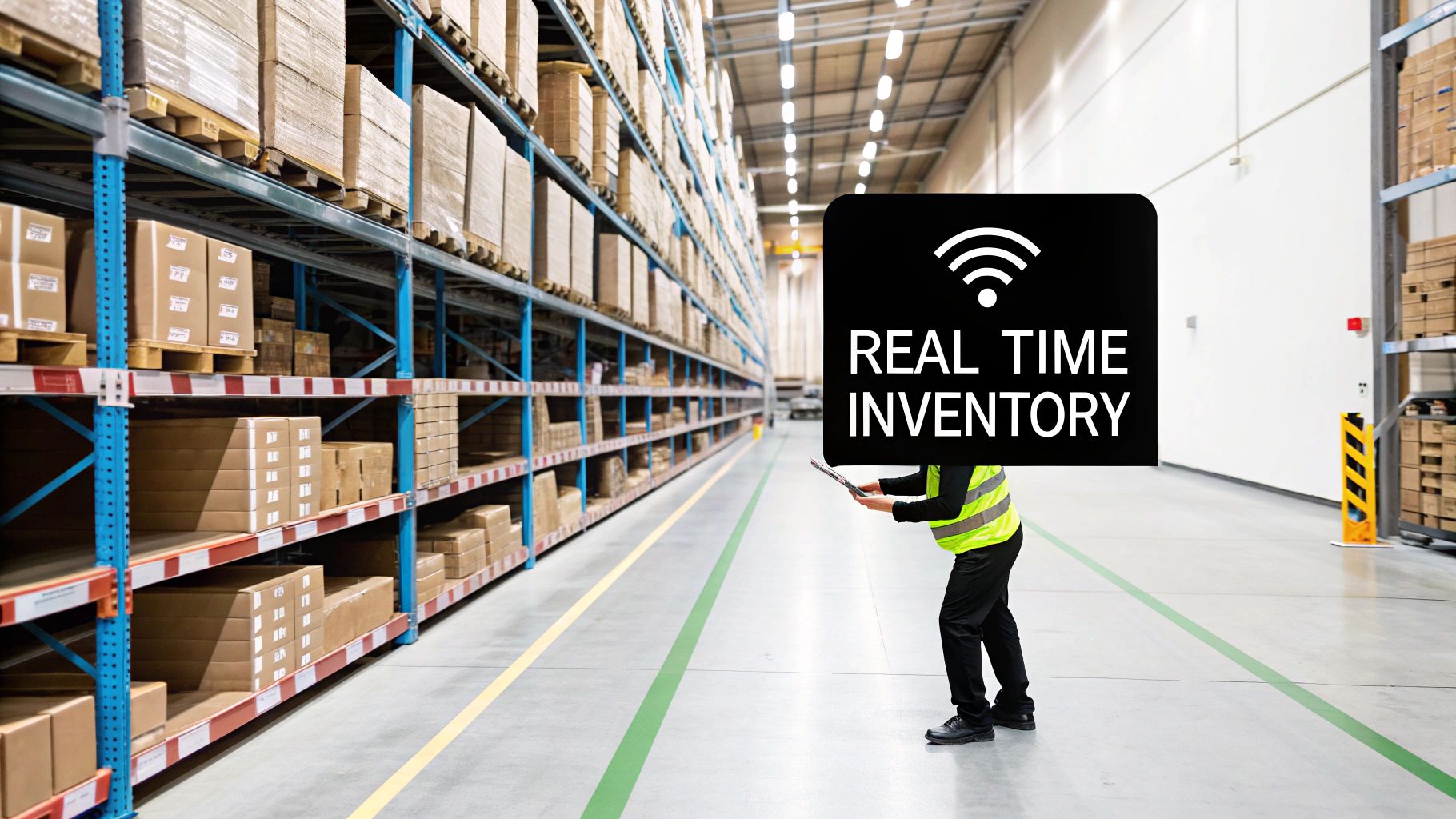 A worker in a large warehouse holding a tablet, with a 'Real Time Inventory' sign above their head and shelves filled with boxes.