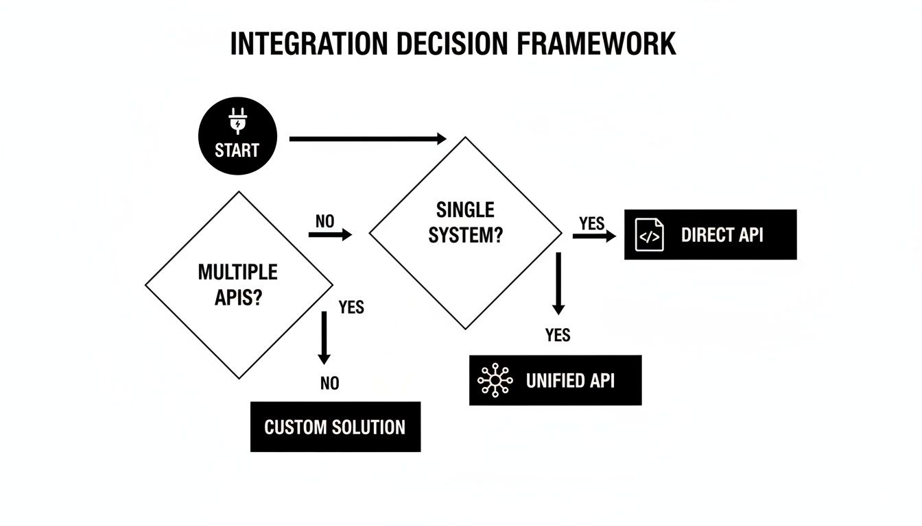 Flowchart illustrating an integration decision framework, guiding choices between direct, unified APIs, or custom solutions.