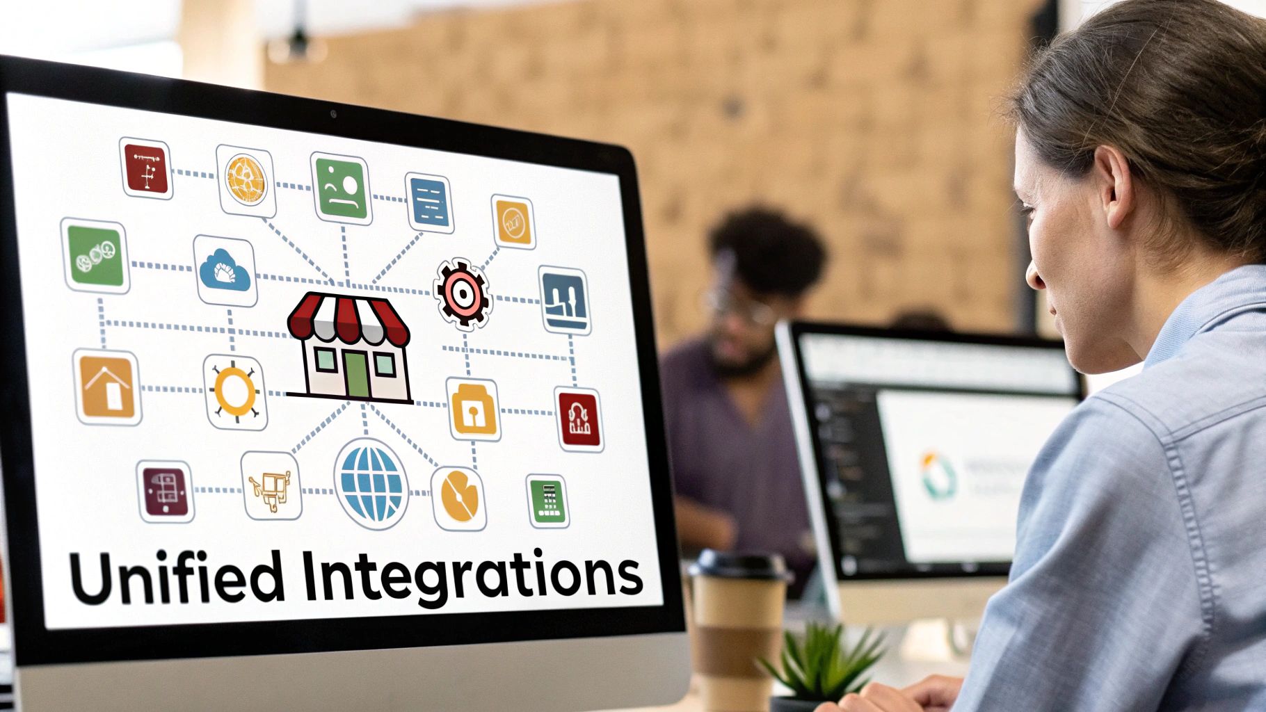 A woman views a computer screen displaying a diagram of unified integrations for business systems.