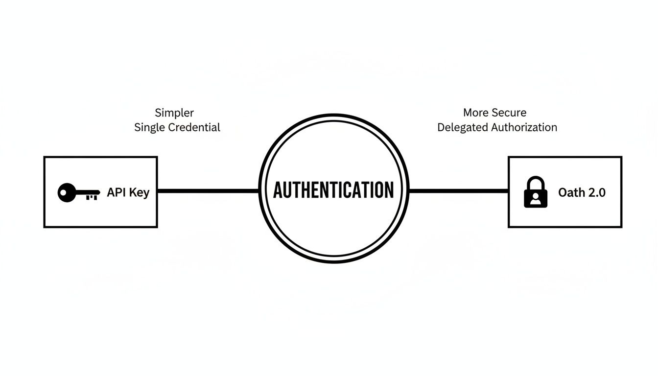 Diagram comparing API Key and OAuth 2.0 for API authentication, highlighting simplicity versus security.