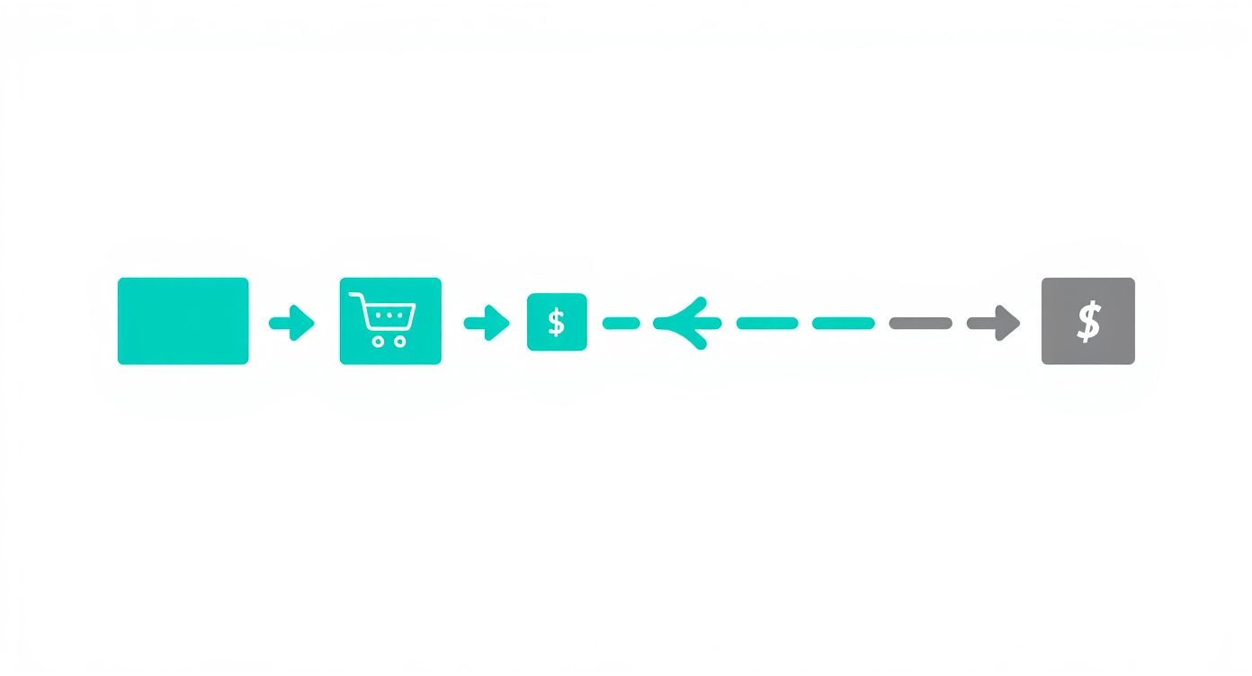 E-commerce shopping cart process flow showing cost reduction through marketing automation with dollar sign icons