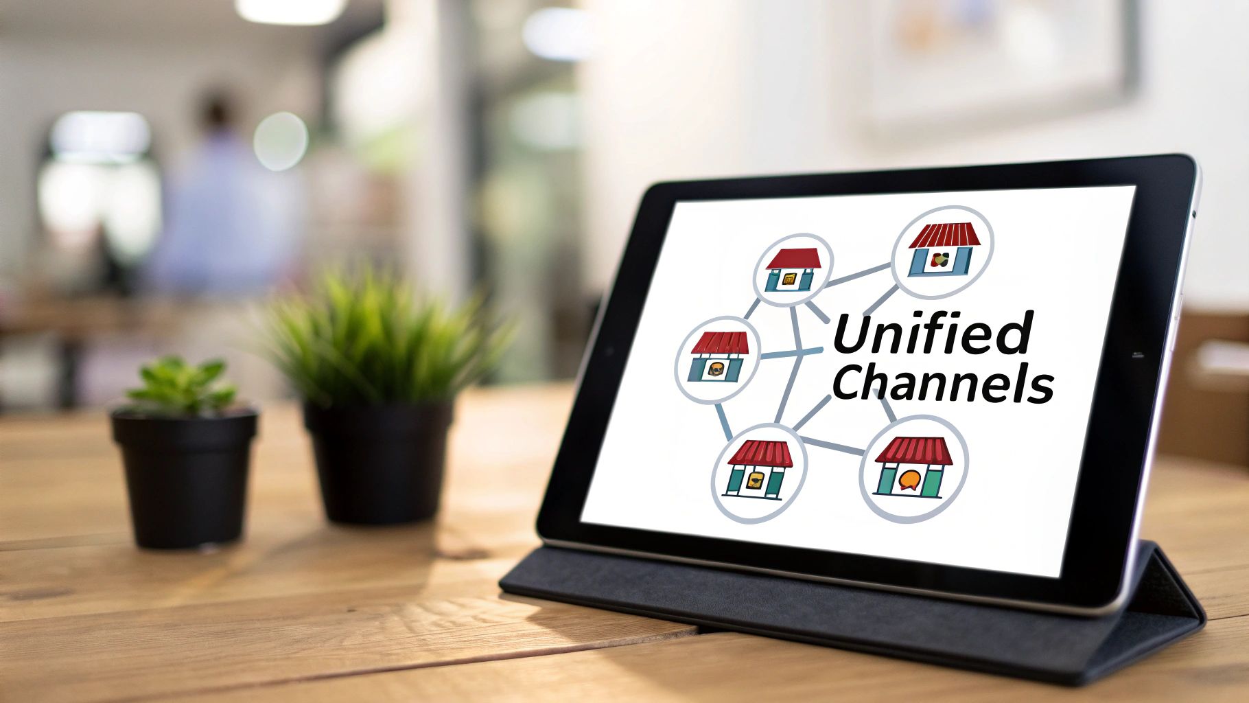 Tablet displaying unified channels network diagram connecting multiple retail store locations for integrated commerce