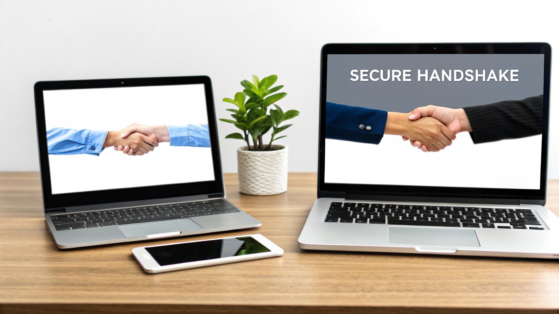 Two laptops and a smartphone display a secure handshake, symbolizing digital agreement and trust.