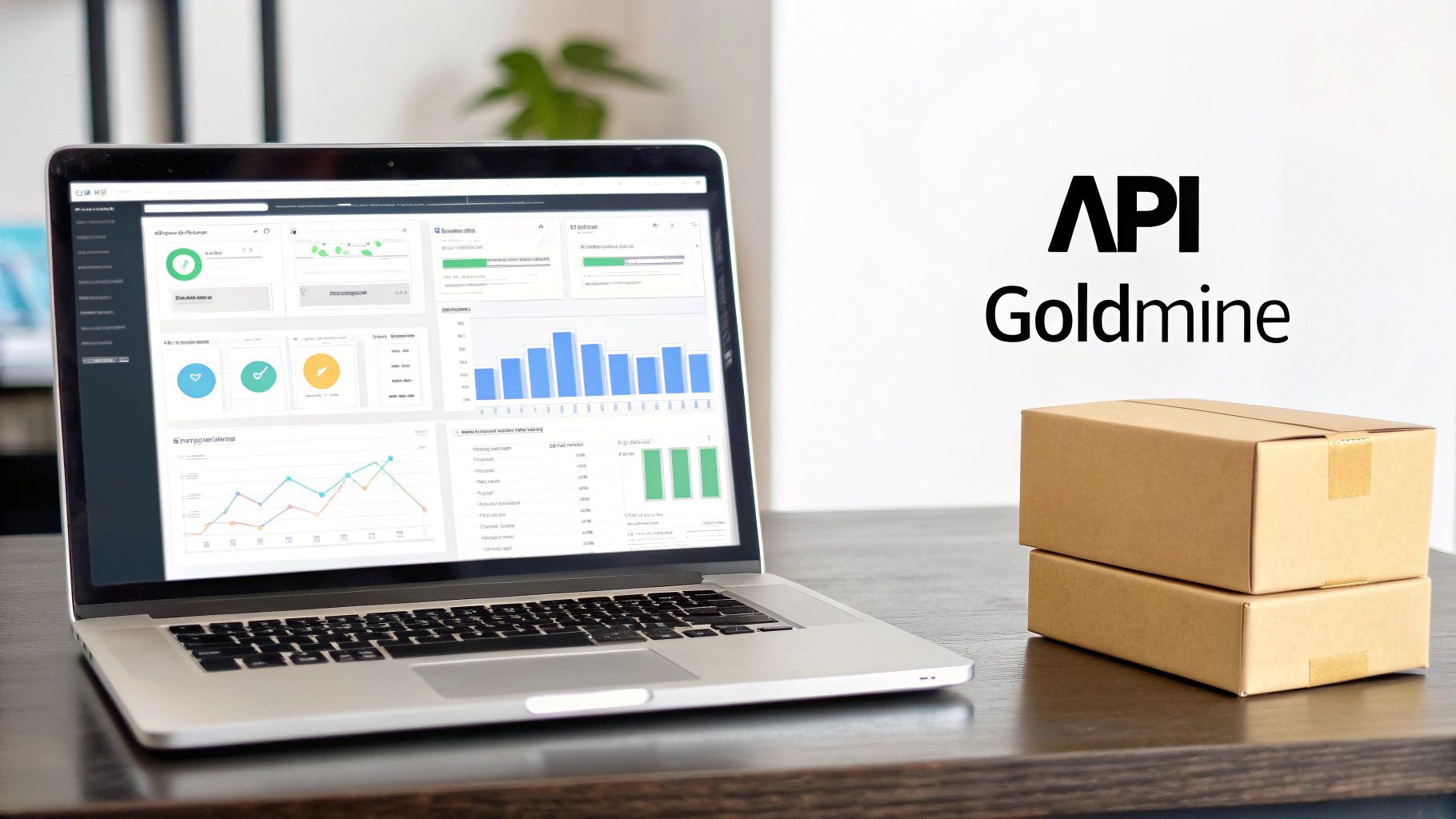 A laptop displaying an analytics dashboard alongside two stacked cardboard boxes, with 'API Goldmine' text.
