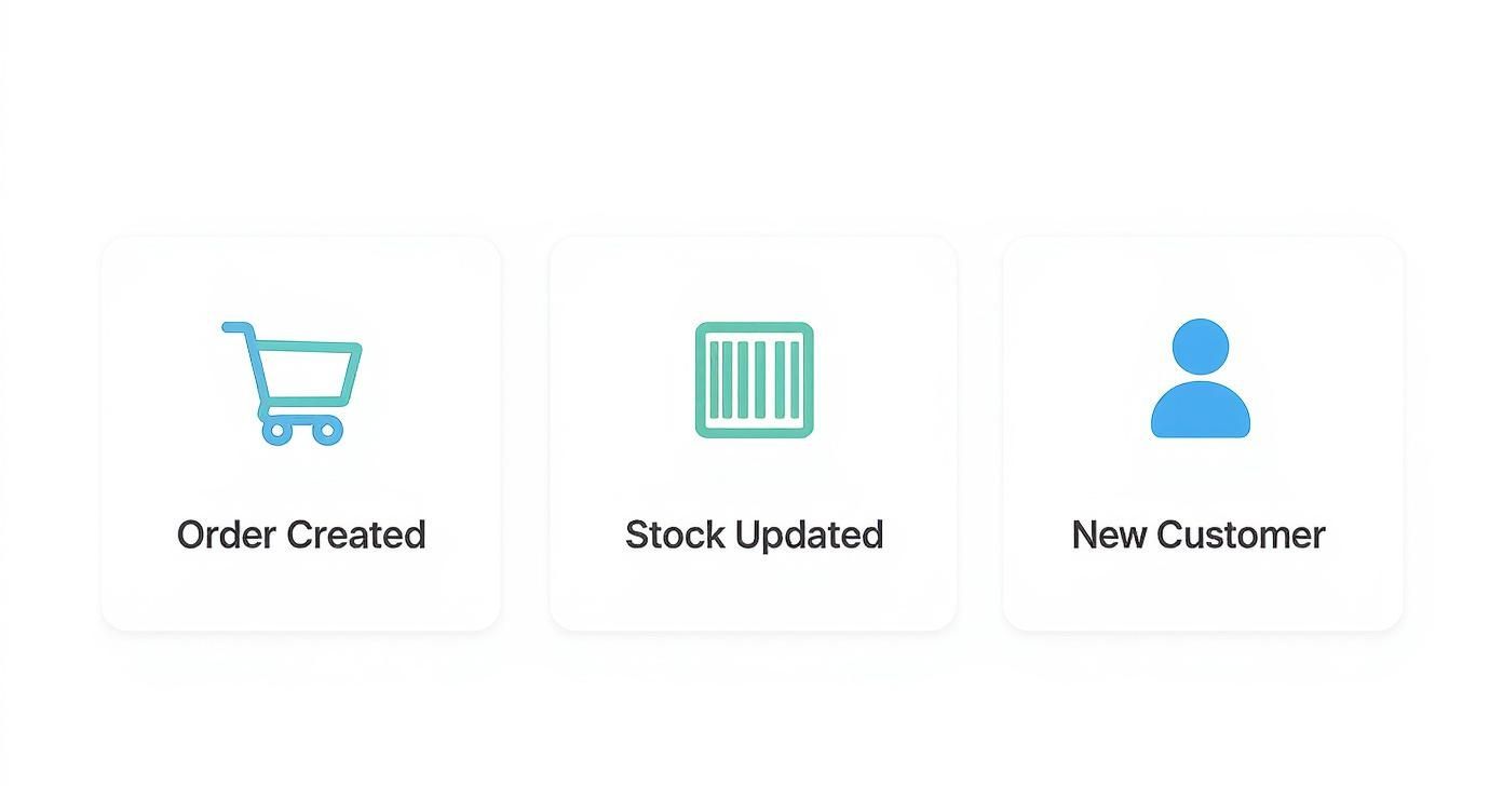 Three white cards displaying event notifications: 'Order Created', 'Stock Updated', and 'New Customer' with respective icons.