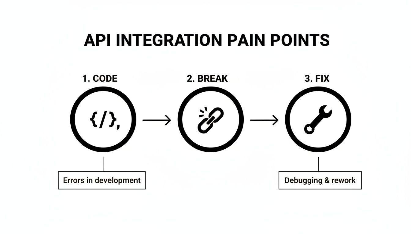 Diagram showing API integration pain points: code errors in development, broken links, and debugging rework.