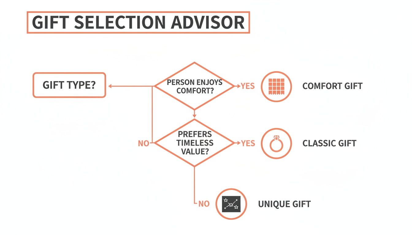 A gift selection advisor flowchart helps choose between comfort, classic, and unique gift types.