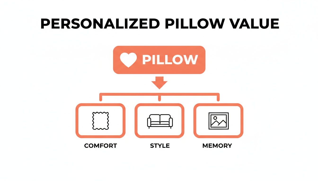A diagram illustrates personalized pillow value, highlighting comfort, style, and memory as key contributing factors.