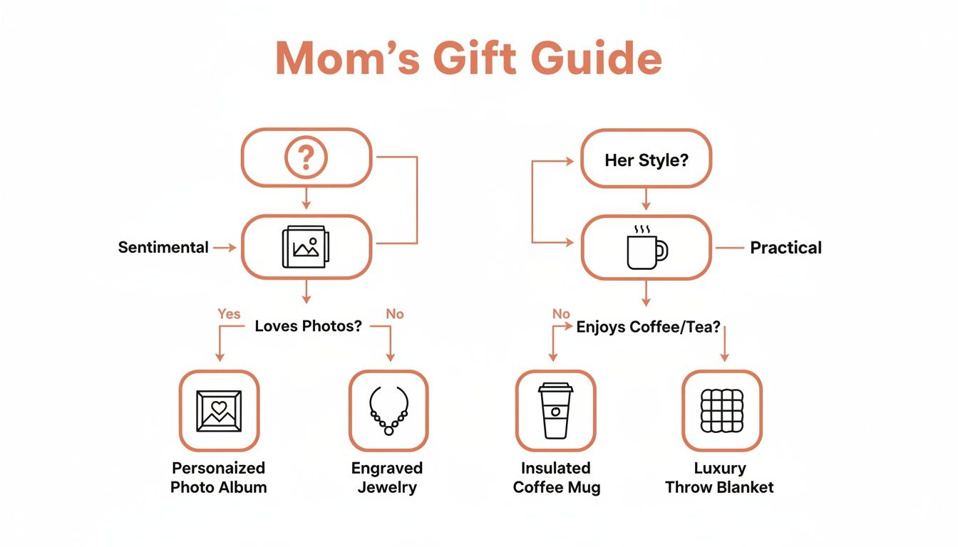 A flowchart titled 'Mom's Gift Guide' helping to choose gifts like photo albums, jewelry, mugs, or blankets.