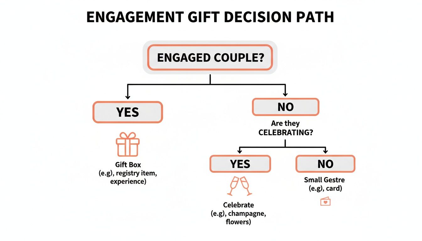 Flowchart on engagement gift decision path: Yes for engaged couple means gift box; No leads to celebrating, then champagne or small gesture.