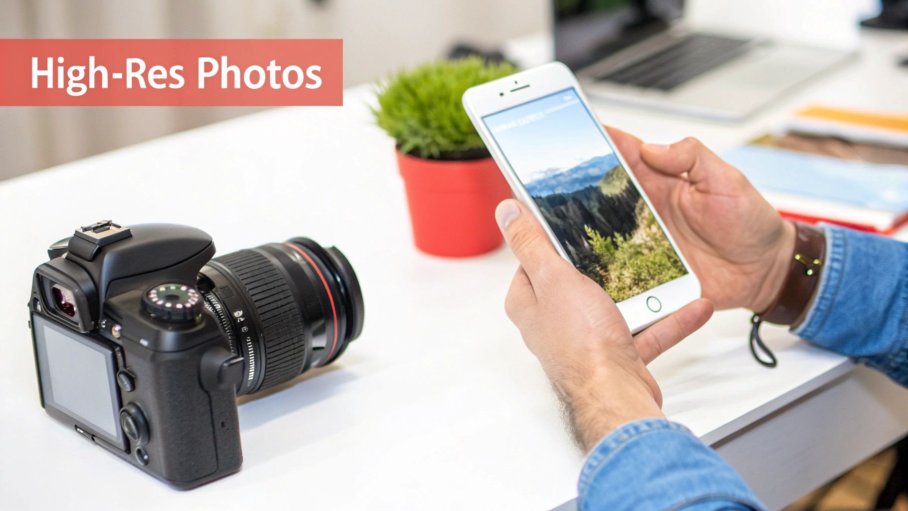 A person holds a smartphone displaying a mountain landscape, next to a DSLR camera and a potted plant on a white desk.