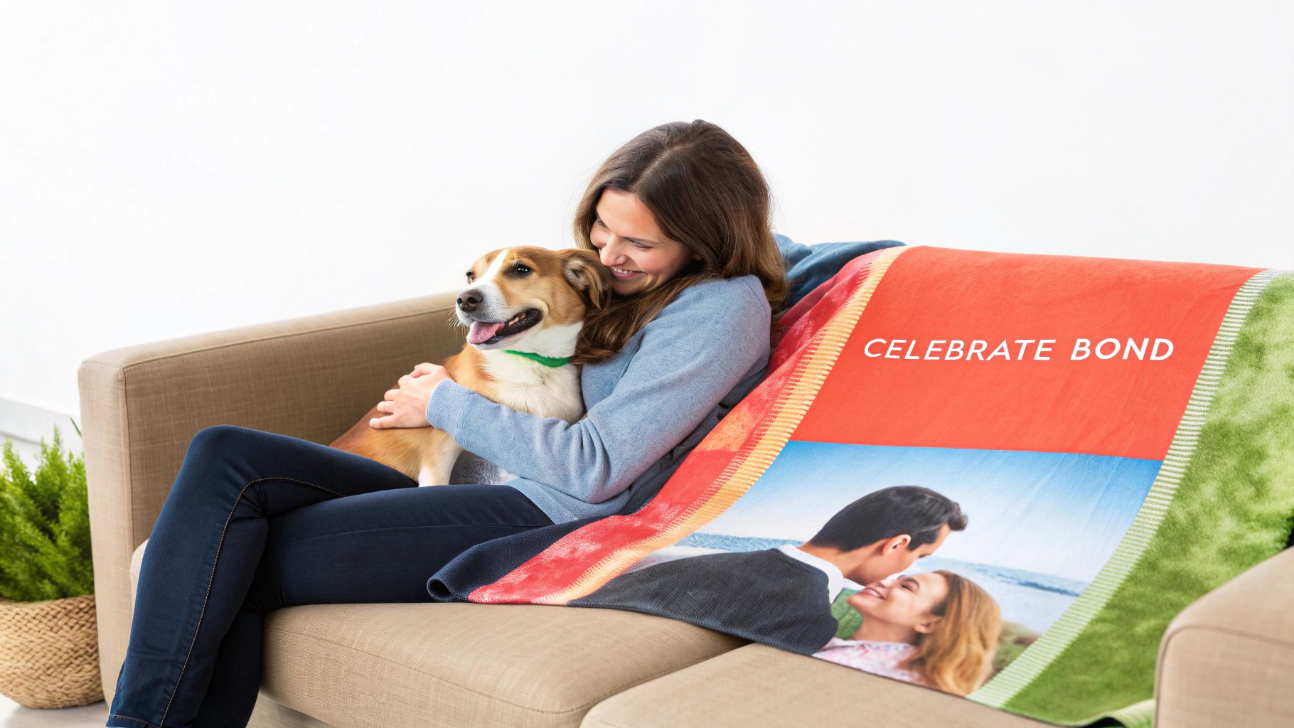 Smiling woman cuddling a dog on a sofa, covered by a personalized photo blanket.