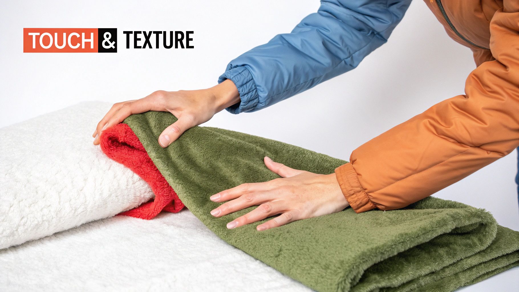 Two people touching and comparing soft textured towels in green, red, and white colors