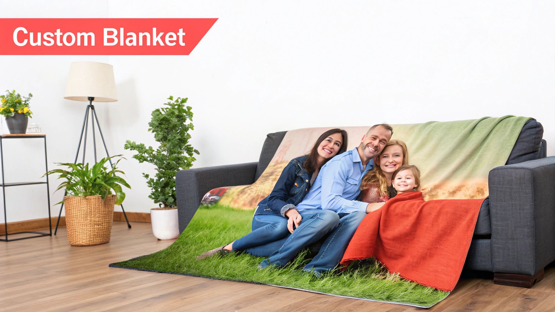 A family portrait printed on a custom photo blanket draped over a grey sofa in a living room setting.
