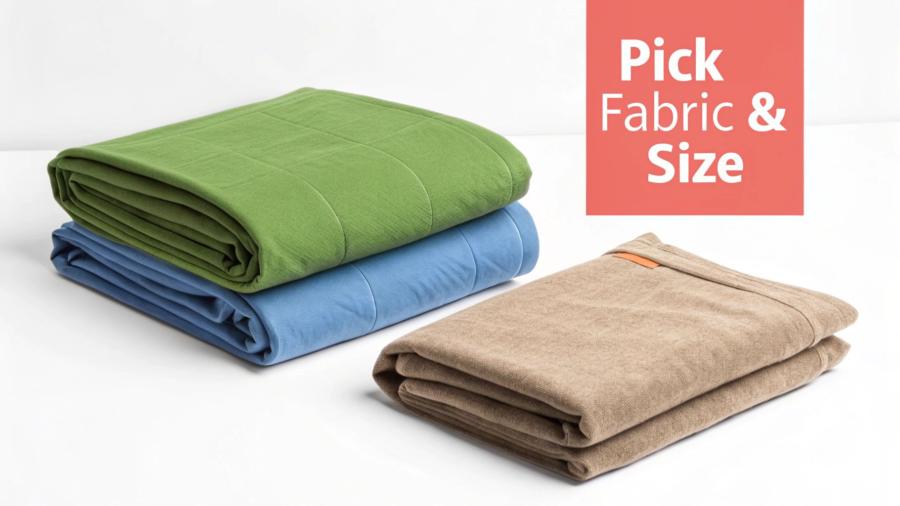 Three neatly folded blankets in green, blue, and tan, with text 'Pick Fabric & Size'.