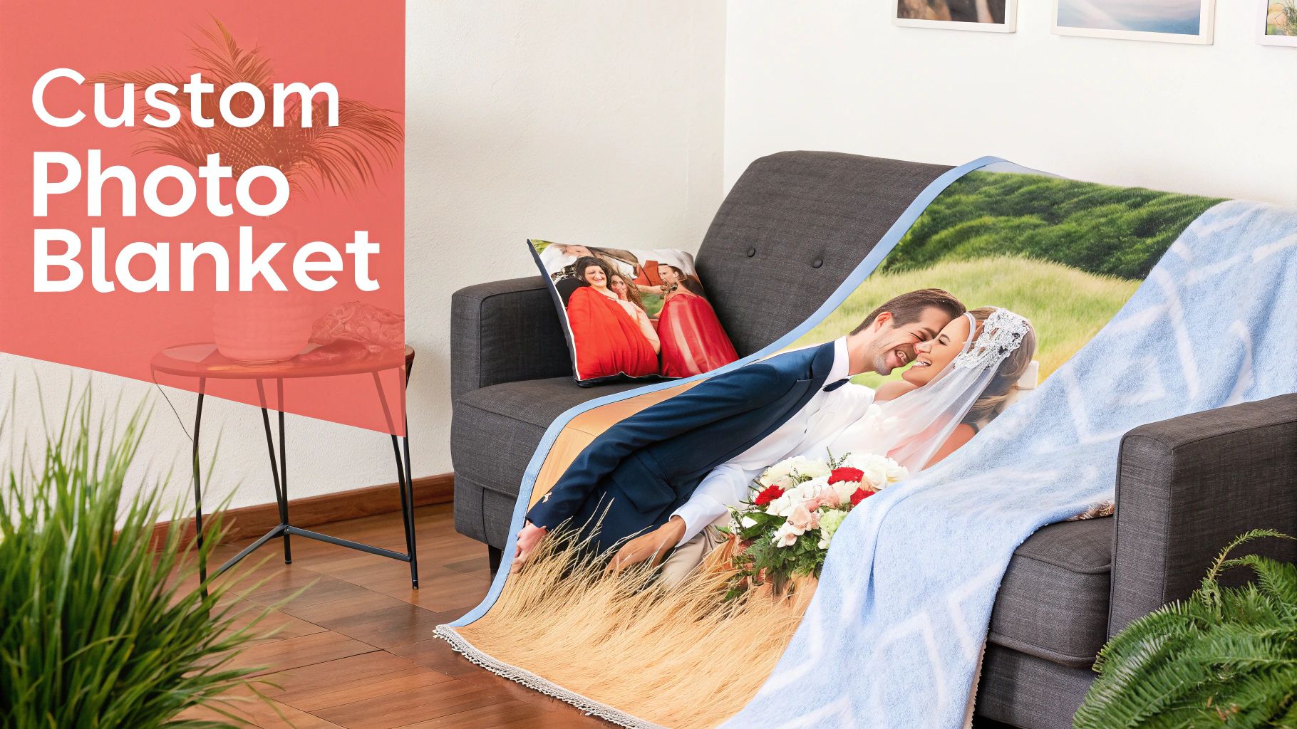 A custom photo blanket featuring a smiling wedding couple draped over a cozy grey armchair.