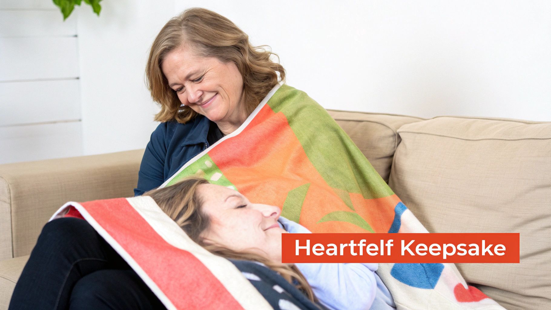 Two happy women relax on a couch under colorful blankets, sharing a warm moment.