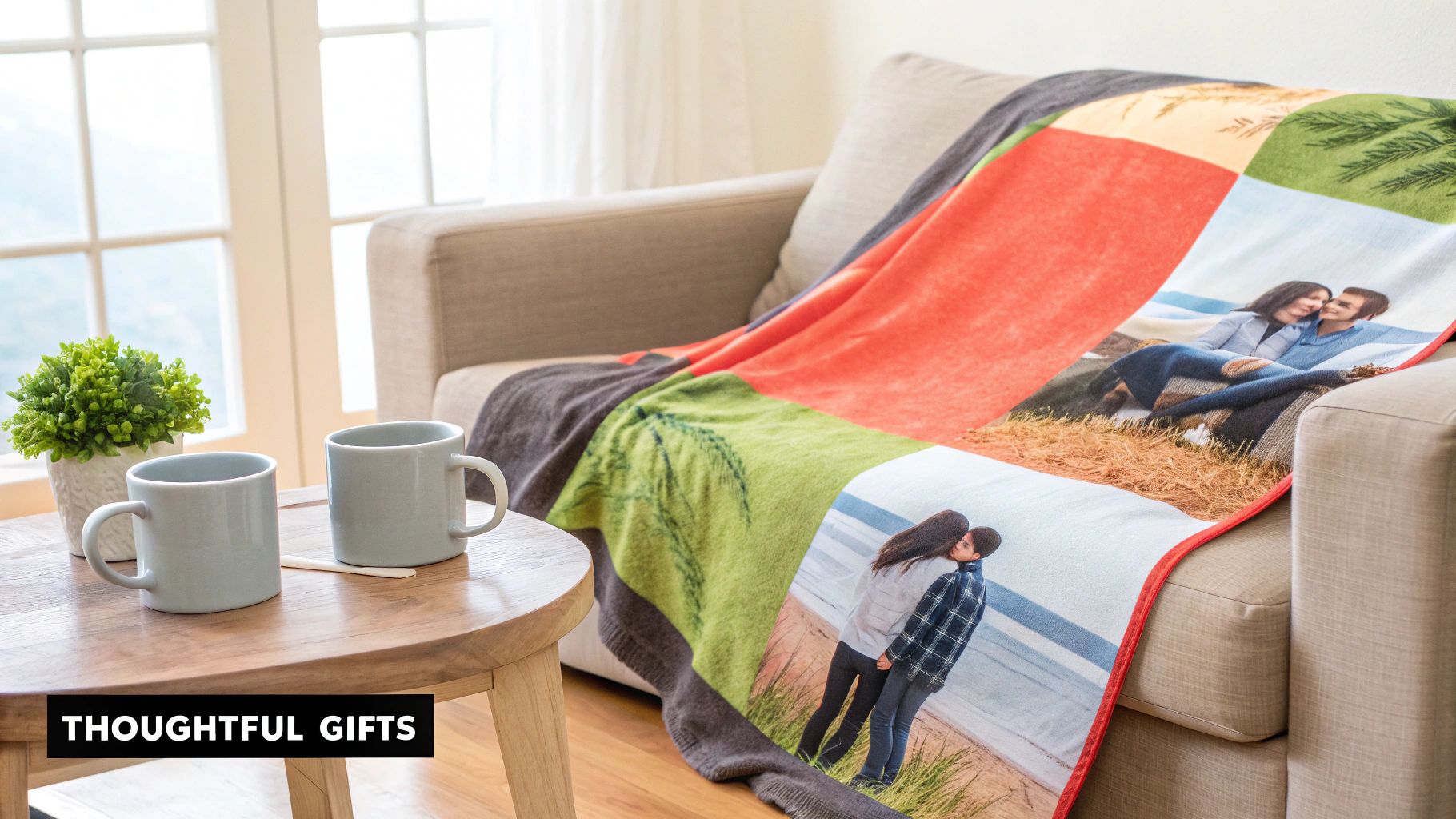 A personalized photo blanket with couple images draped over a sofa next to a coffee table with mugs.