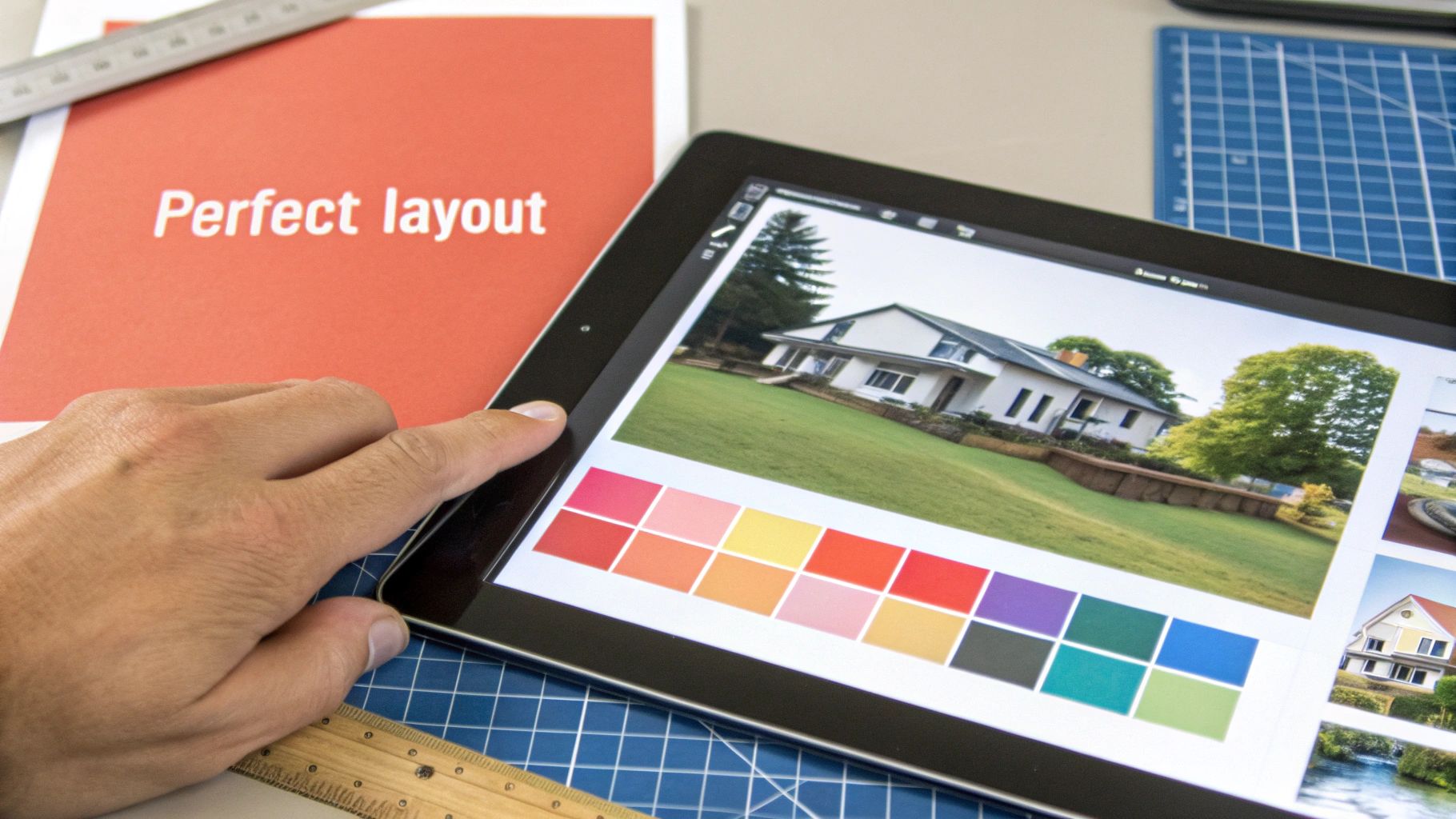 A neatly organized workspace showing a laptop with a photo collage design in progress, surrounded by printed photos and color swatches.