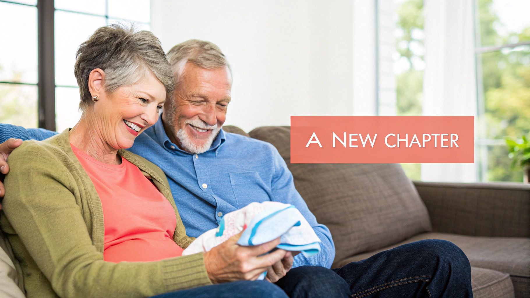 A joyful elderly couple, likely grandparents, lovingly holds a baby blanket, embracing a new chapter.