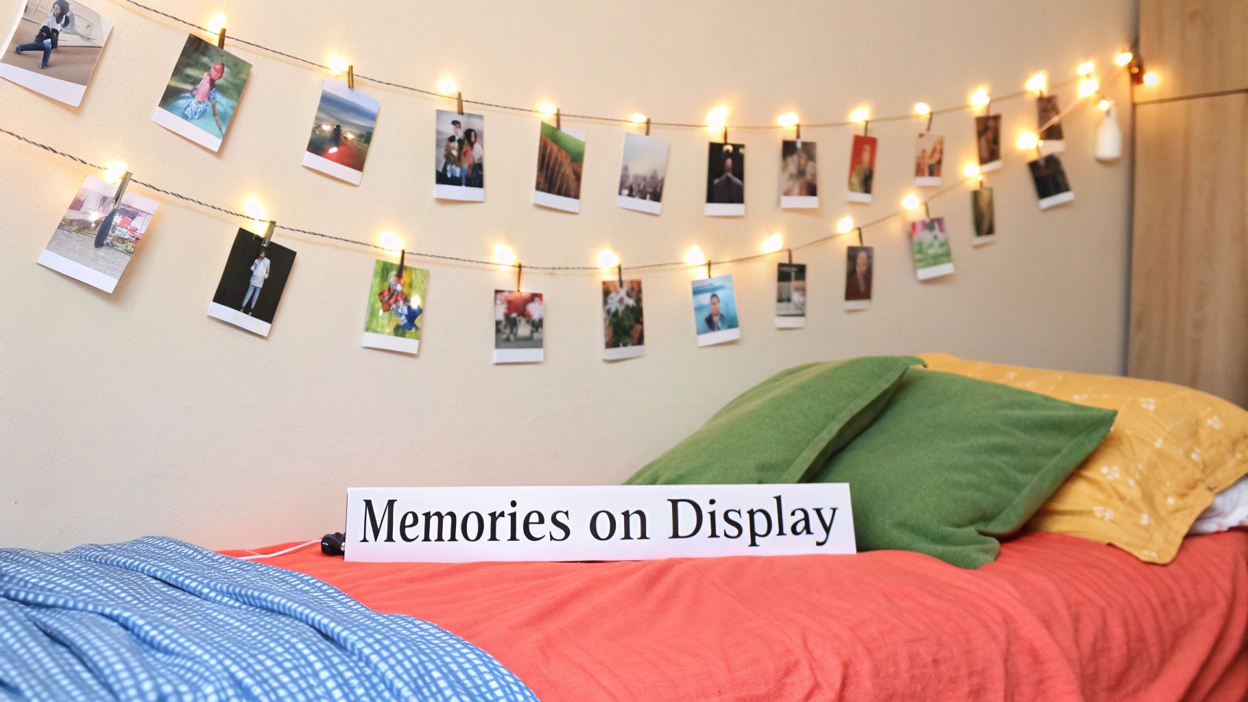 A cozy bedroom wall adorned with string lights holding cherished photos above a bed.