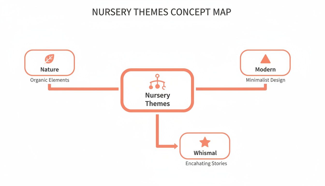 A concept map visually outlines three nursery themes: Nature, Modern, and Whimsical styles with descriptions.