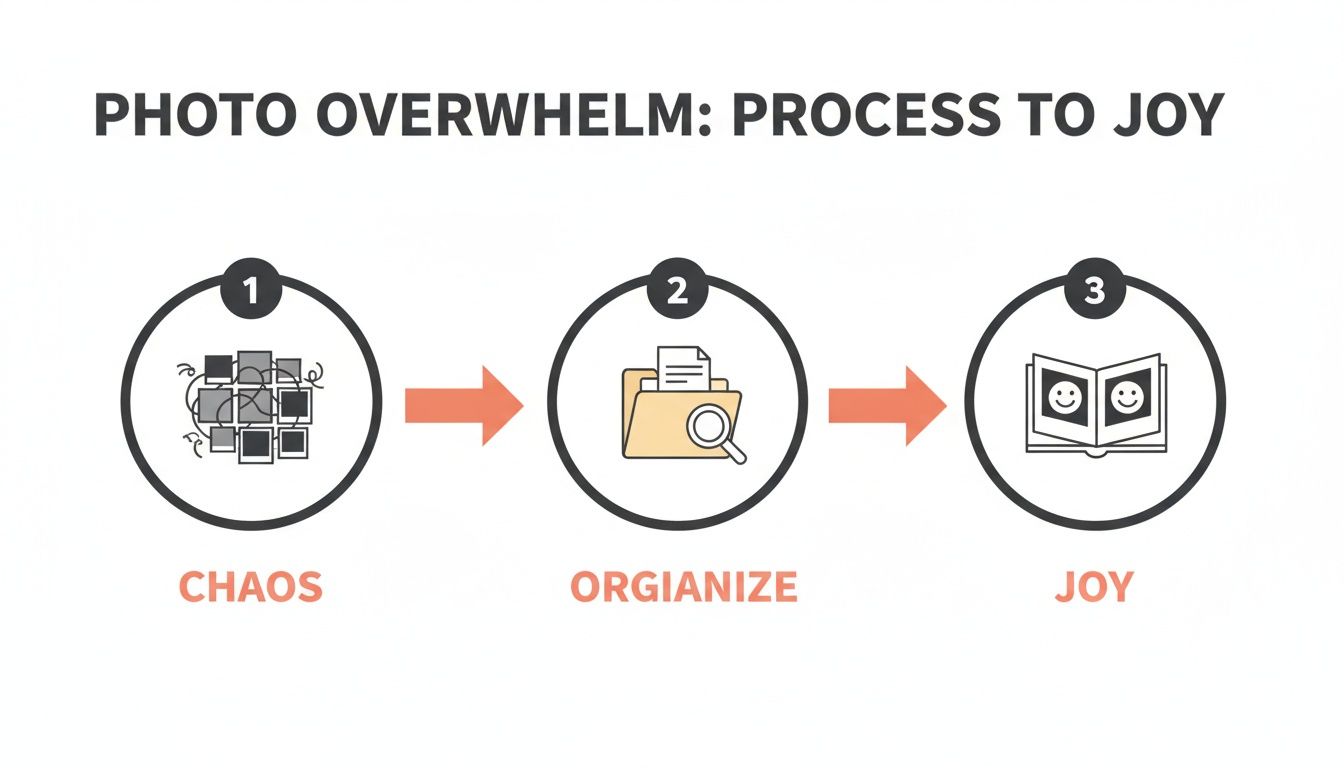 A three-step infographic visualizes the journey from photo chaos through organization to ultimate joy.