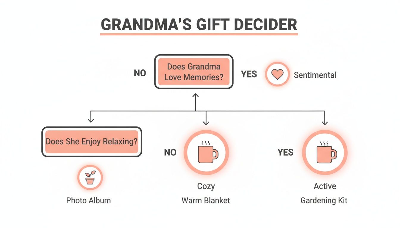 Flowchart titled 'Grandma's Gift Decider' suggesting gifts based on love for memories or relaxing.