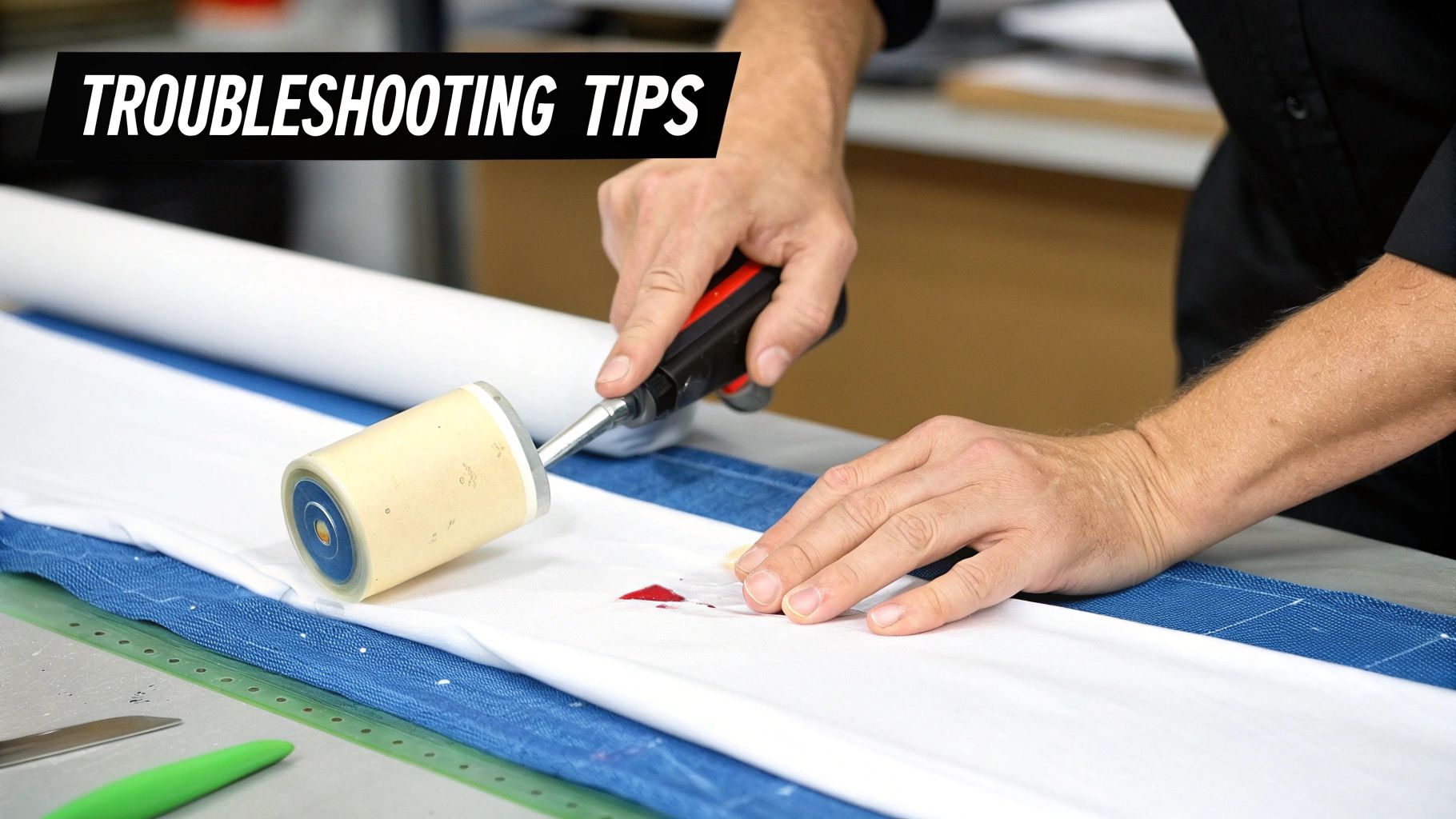 A person removing a red ink stain from white fabric using a specialized roller tool.