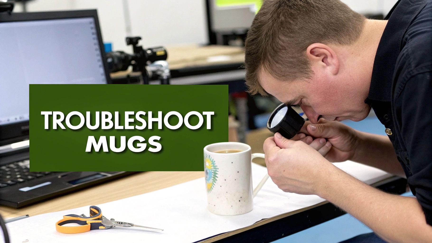 A man carefully examines an item with a magnifying glass at a desk, near a coffee mug and laptop, with text "Troubleshoot Mugs".