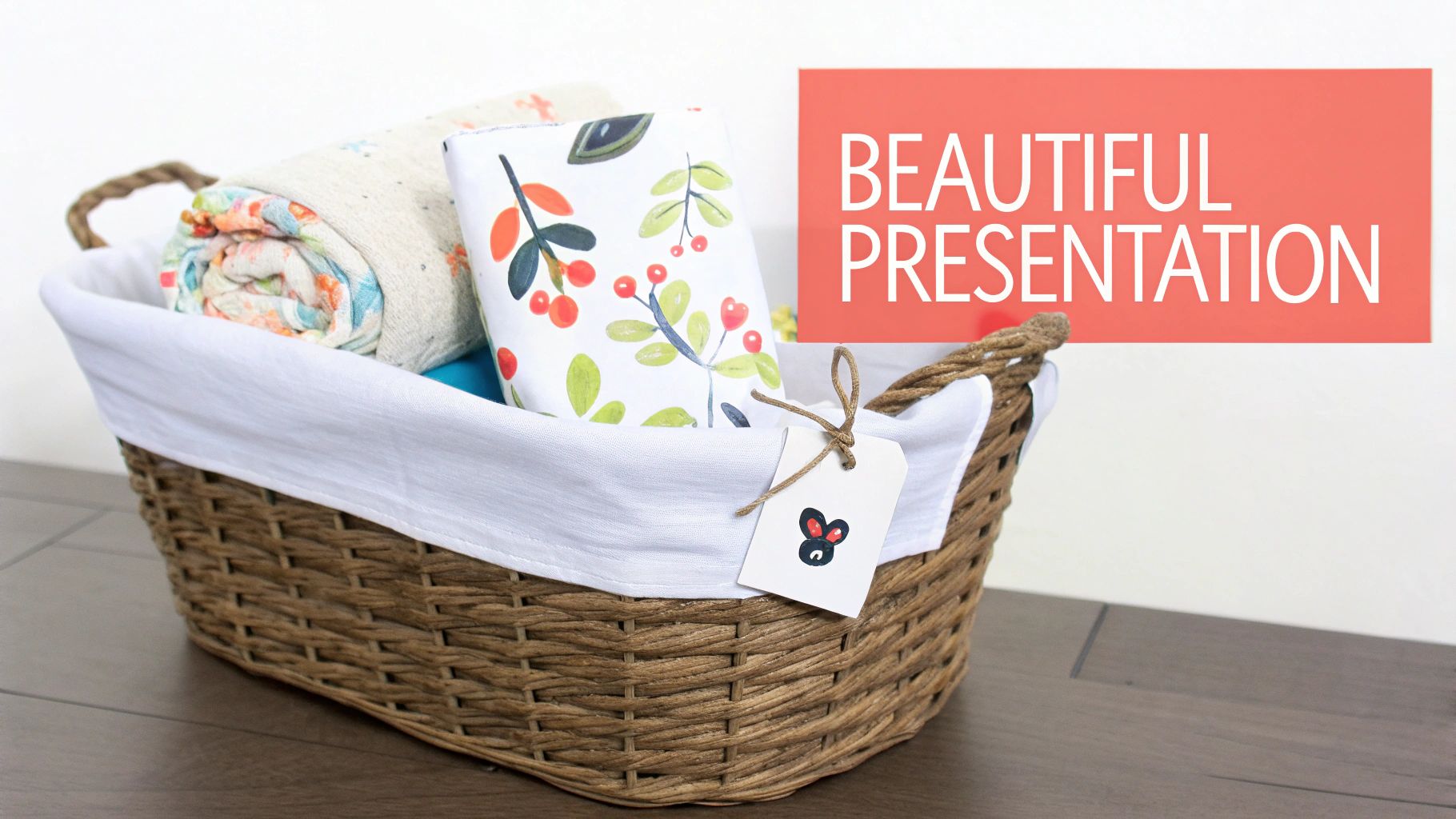 Woven gift basket with white liner, filled with soft patterned blankets and a gift tag.