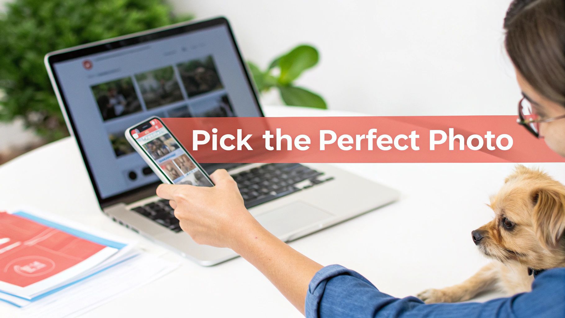 A person picks photos on a smartphone while a laptop and a small dog are on a table.