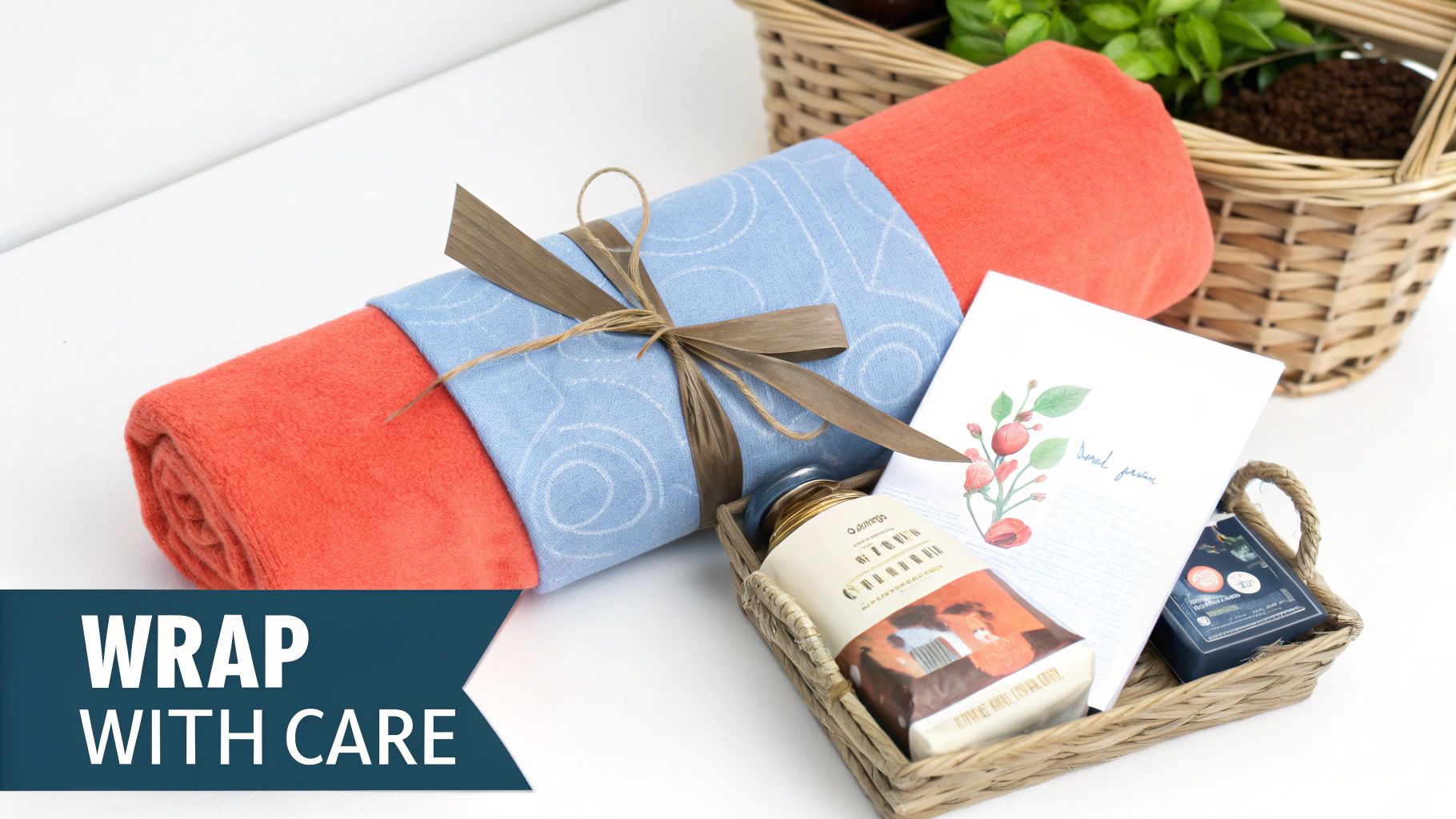 A thoughtfully wrapped gift set with an orange towel, a blue fabric wrap, and a care package in a basket.