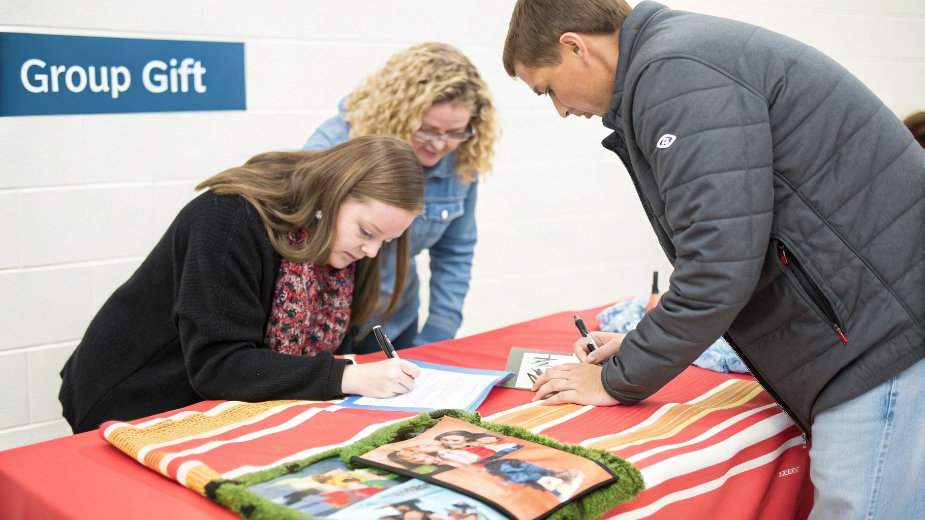 A custom photo blanket featuring a class picture being presented to a smiling teacher.