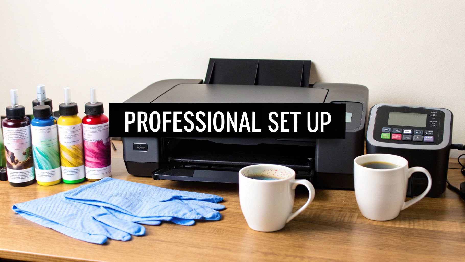 A professional setup featuring a printer, colorful ink bottles, protective gloves, and coffee mugs on a wooden desk.