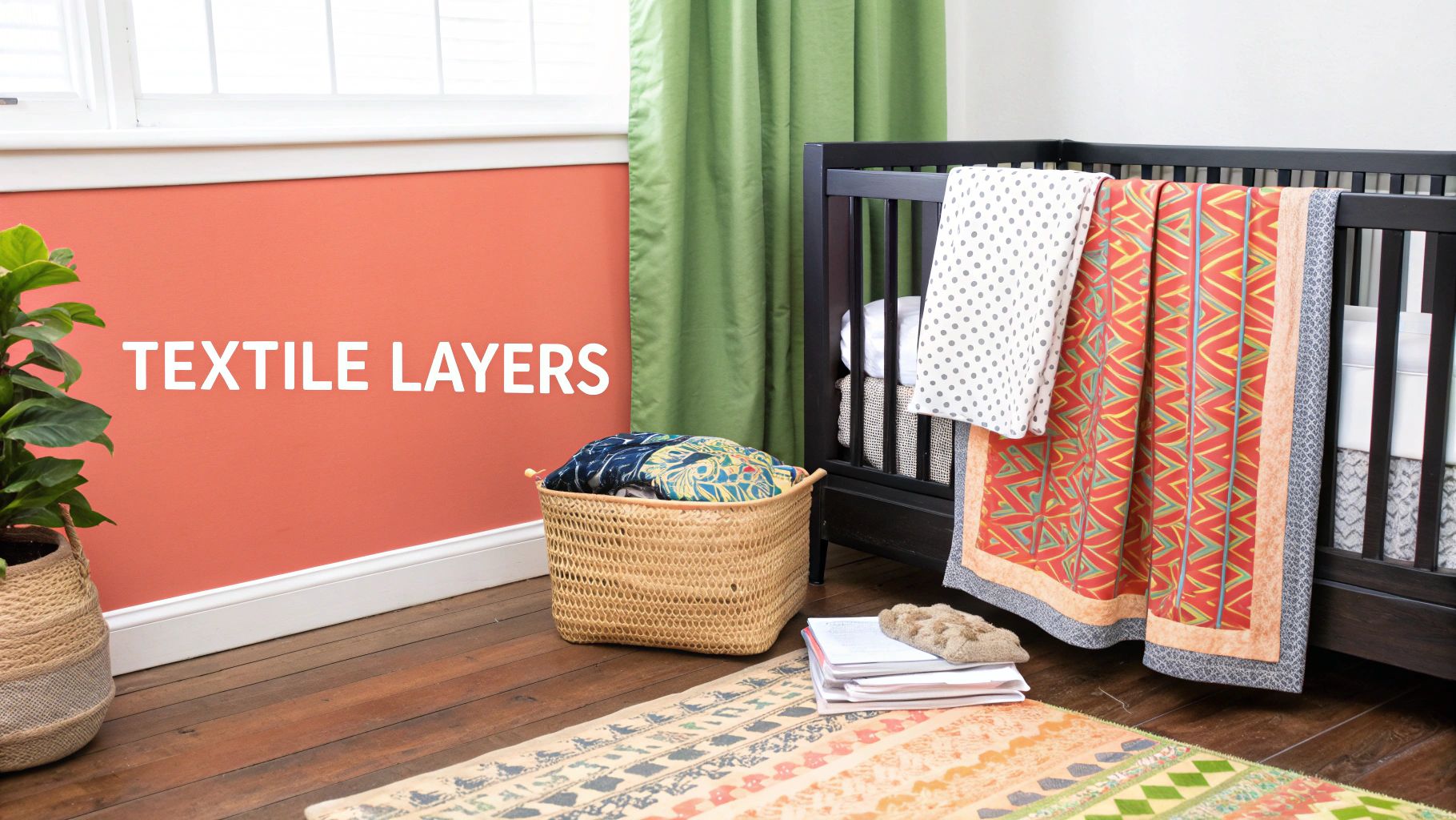 A vibrant baby room with a dark crib, patterned blankets, a plant, and a woven basket.